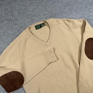 Saddles Sweater Mens Medium Beige V Neck Lambswool Knit Elbow Patch Pullover